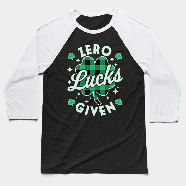 Zero Lucks Given Funny St Patricks Day Green Plaid Shamrock Baseball T-Shirt by OrangeMonkeyArt